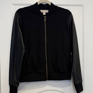 Michael Kors Black Bomber Jacket with Faux Leather Sleeves